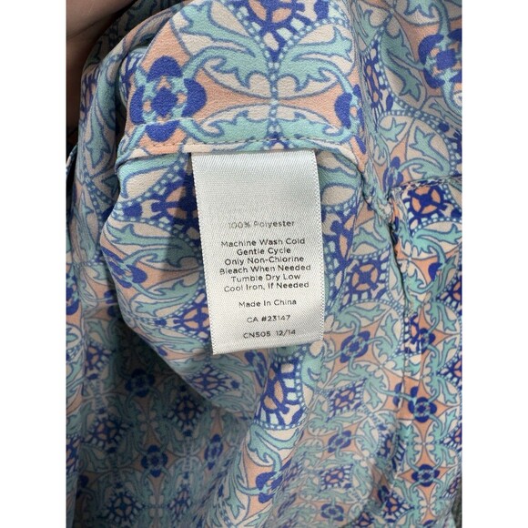 Talbots Roll Tab Button Front Shirt Womens LP Teal Peach Medallion Wrinkle Free - Picture 5 of 8